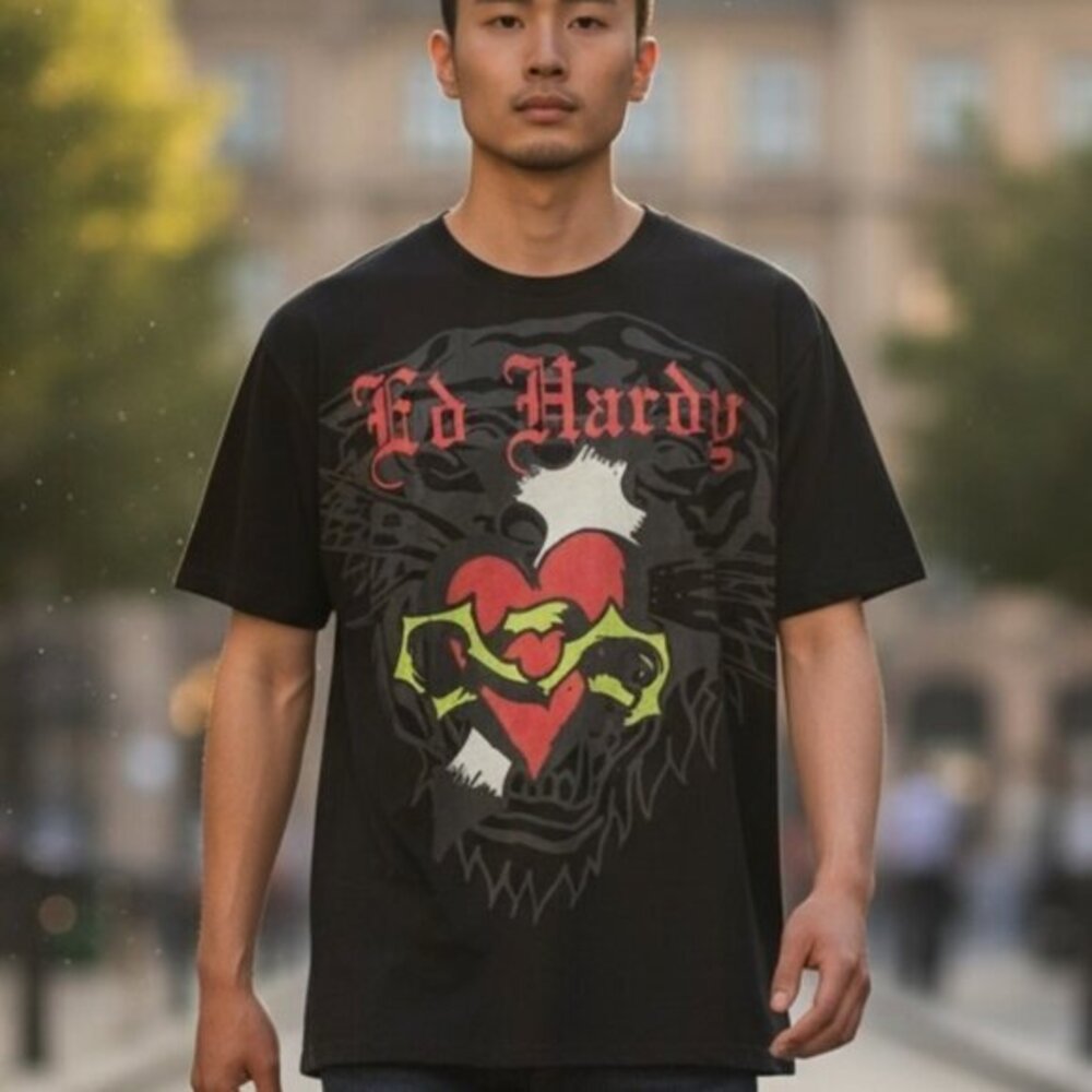 NEW Ed Hardy Sacred Heart T-shirt Men’s Size‎ XXL Black Graphic Print NWT